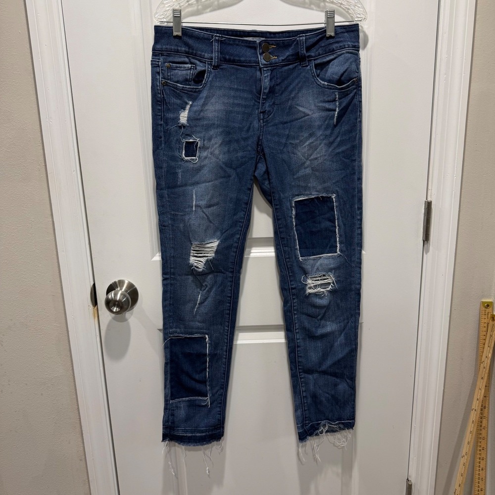 New York & Company Women Jeans Distressed Patchwork Blue 8